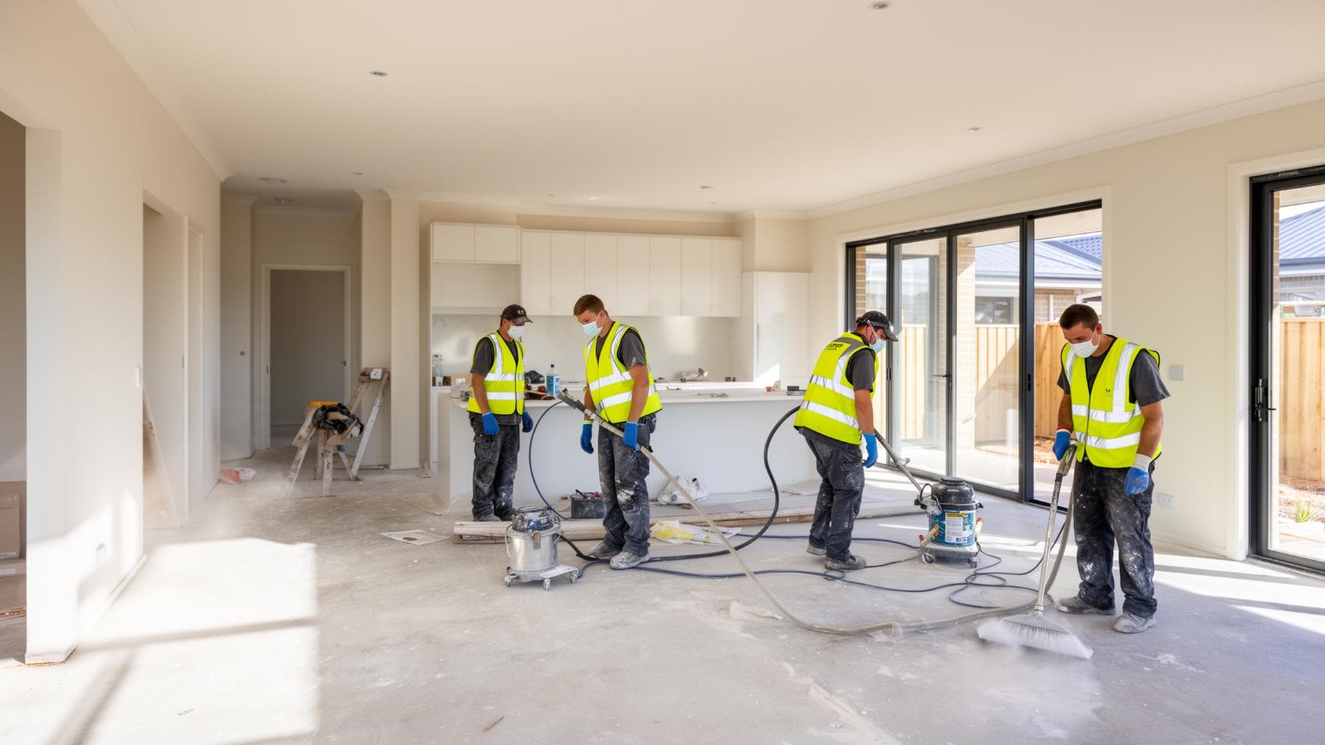 Post-construction cleaning crew working on a Perth building site