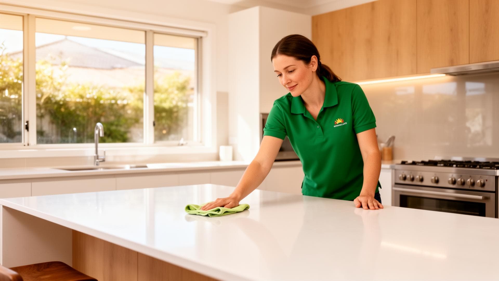 Professional domestic cleaner in a bright modern Perth kitchen