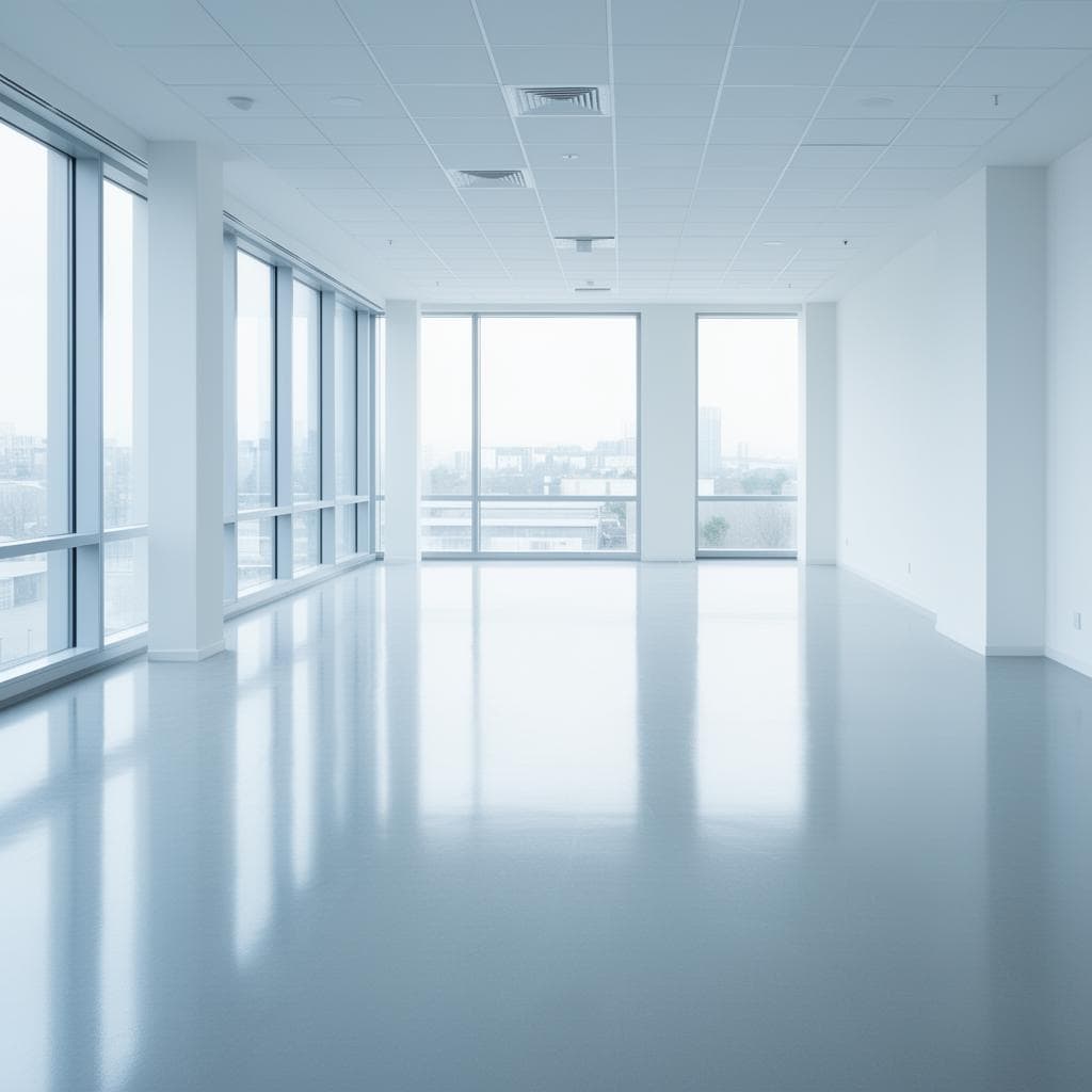 Professional cleaner mopping floor with caution wet floor sign in commercial space