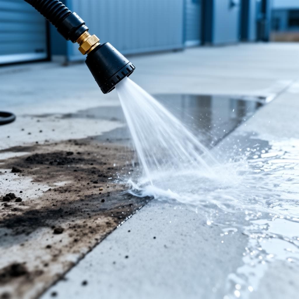 Professional pressure washing equipment in use on a commercial surface
